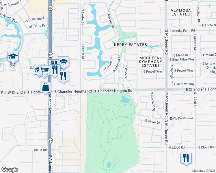 map of restaurants, bars, coffee shops, grocery stores, and more near 518 East Bartlett Way in Chandler