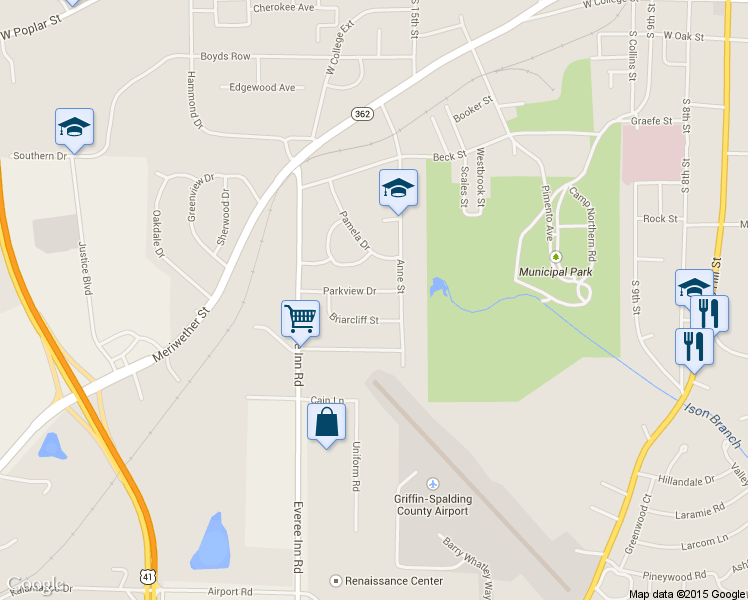 map of restaurants, bars, coffee shops, grocery stores, and more near 1109 Parkview Drive in Griffin