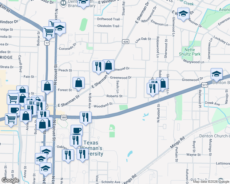 map of restaurants, bars, coffee shops, grocery stores, and more near 2017 Sauls Lane in Denton