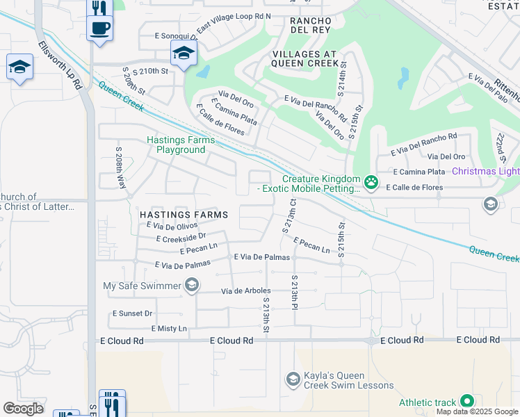 map of restaurants, bars, coffee shops, grocery stores, and more near 21285 East Cherrywood Drive in Queen Creek