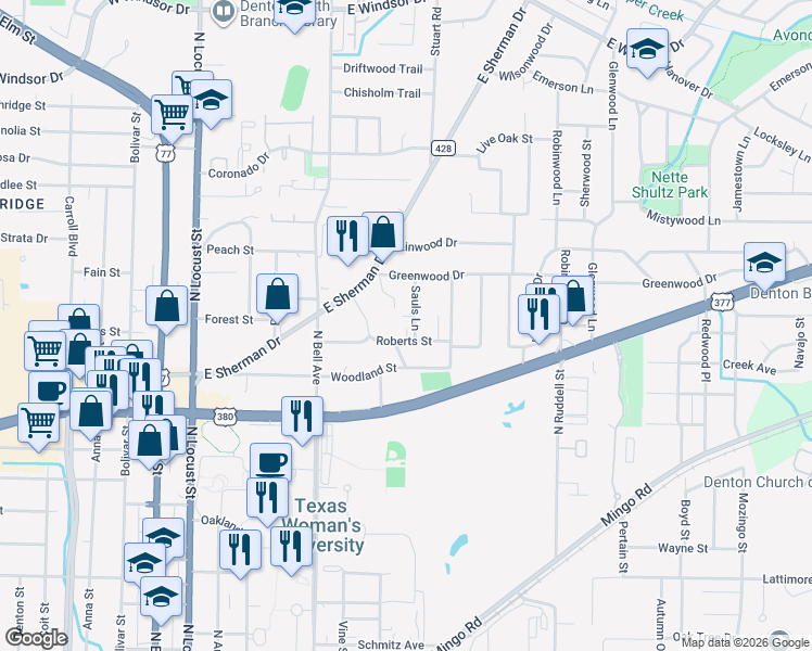map of restaurants, bars, coffee shops, grocery stores, and more near 2017 Sauls Lane in Denton