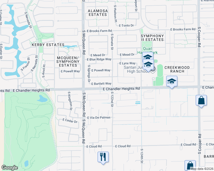 map of restaurants, bars, coffee shops, grocery stores, and more near 1202 East Bartlett Way in Chandler