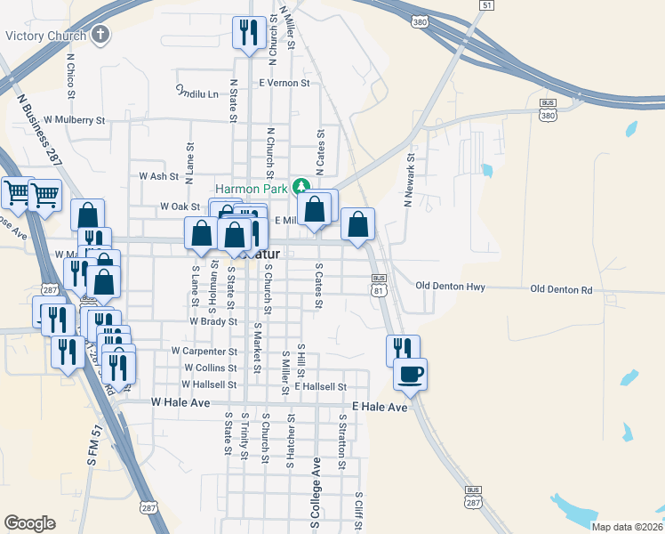 map of restaurants, bars, coffee shops, grocery stores, and more near 402 East Main Street in Decatur