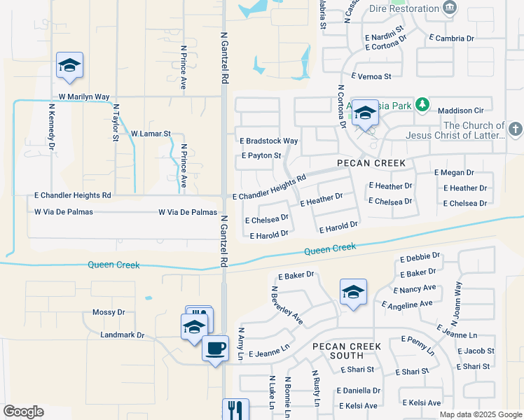 map of restaurants, bars, coffee shops, grocery stores, and more near 445 East Heather Drive in San Tan Valley