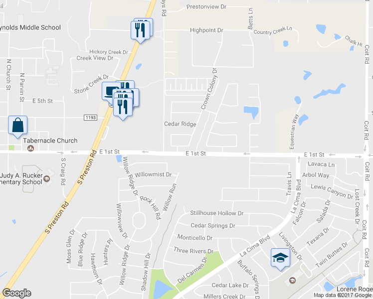 map of restaurants, bars, coffee shops, grocery stores, and more near 1460 Cedar Hollow Drive in Prosper