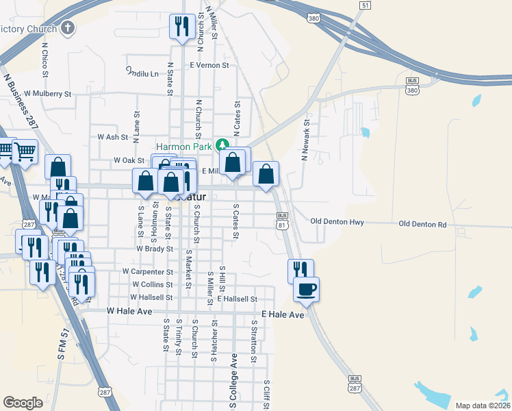 map of restaurants, bars, coffee shops, grocery stores, and more near 402 East Main Street in Decatur