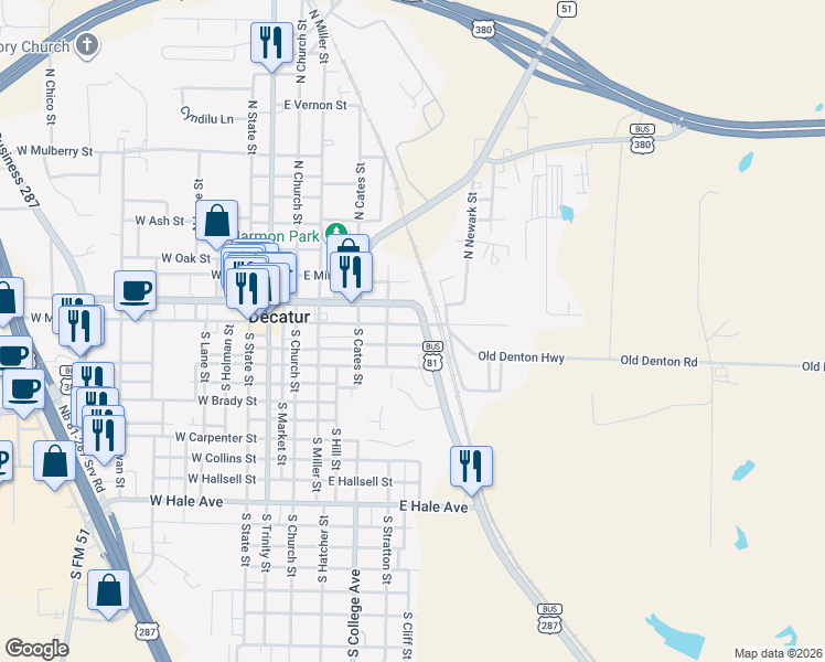 map of restaurants, bars, coffee shops, grocery stores, and more near 509 East Main Street in Decatur