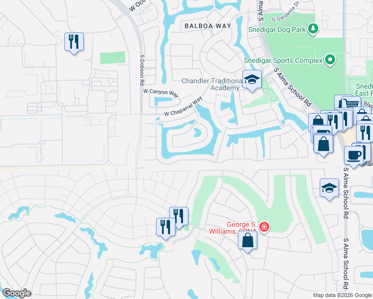 map of restaurants, bars, coffee shops, grocery stores, and more near 1721 West Lynx Way in Chandler