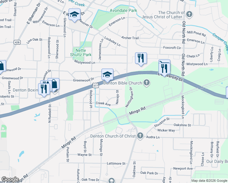 map of restaurants, bars, coffee shops, grocery stores, and more near 1918 Mohican Avenue in Denton