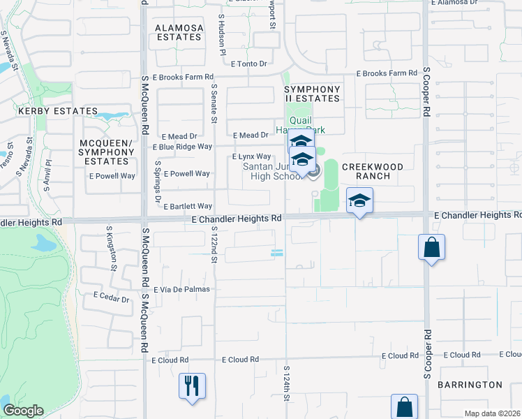 map of restaurants, bars, coffee shops, grocery stores, and more near 1413 East Bartlett Way in Chandler