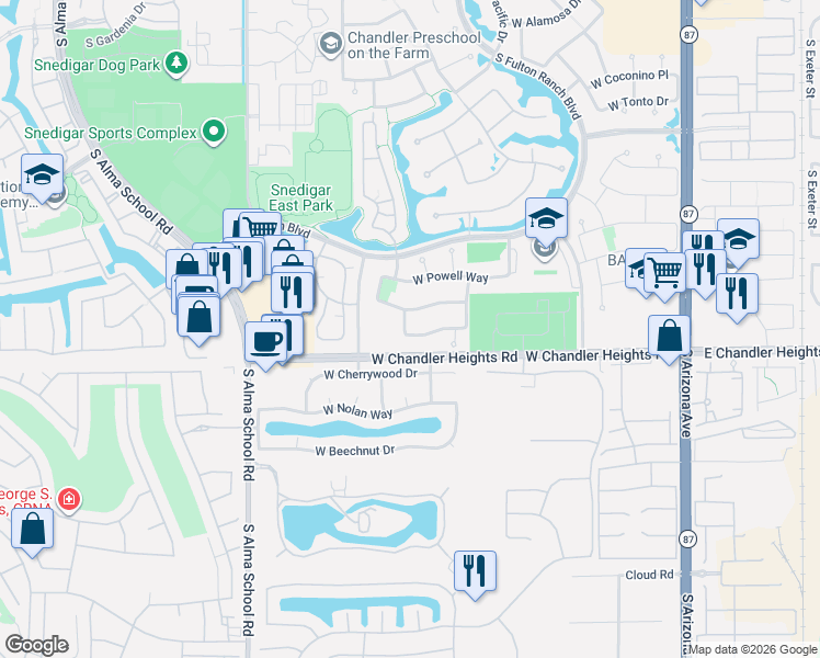 map of restaurants, bars, coffee shops, grocery stores, and more near 694 West Bartlett Way in Chandler