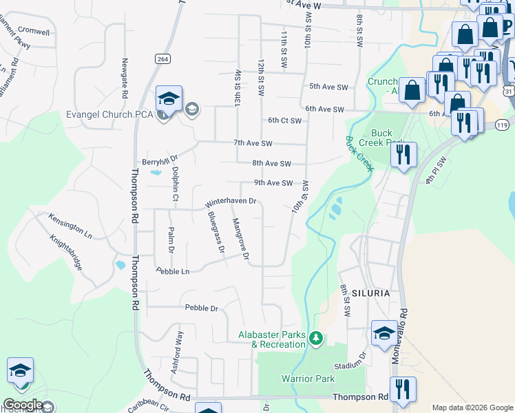 map of restaurants, bars, coffee shops, grocery stores, and more near 145 Winterhaven Drive in Alabaster