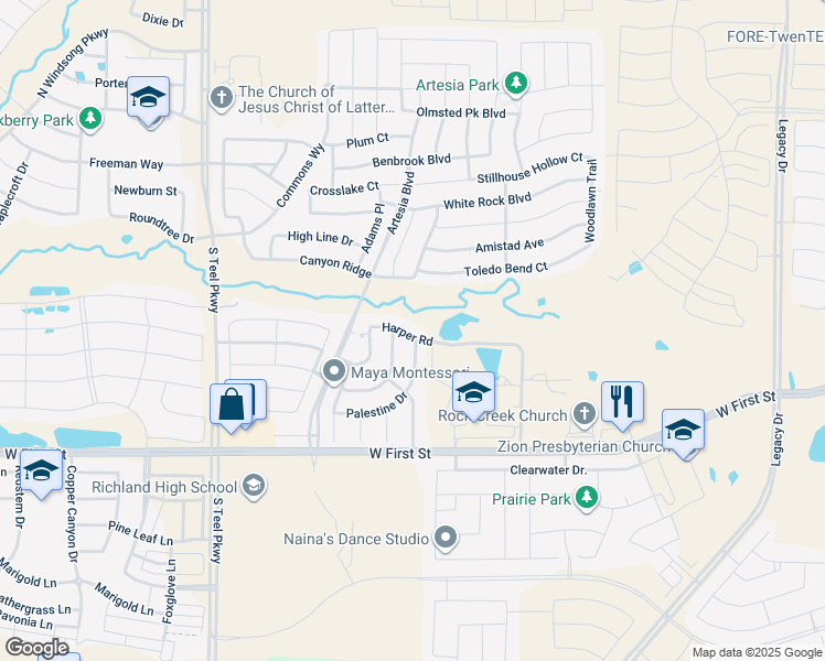 map of restaurants, bars, coffee shops, grocery stores, and more near 16213 Harper Road in Prosper