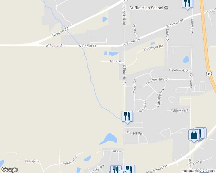 map of restaurants, bars, coffee shops, grocery stores, and more near 463 South Pine Hill Road in Griffin