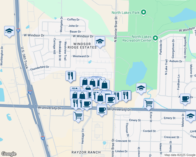 map of restaurants, bars, coffee shops, grocery stores, and more near Cerros Lane in Denton