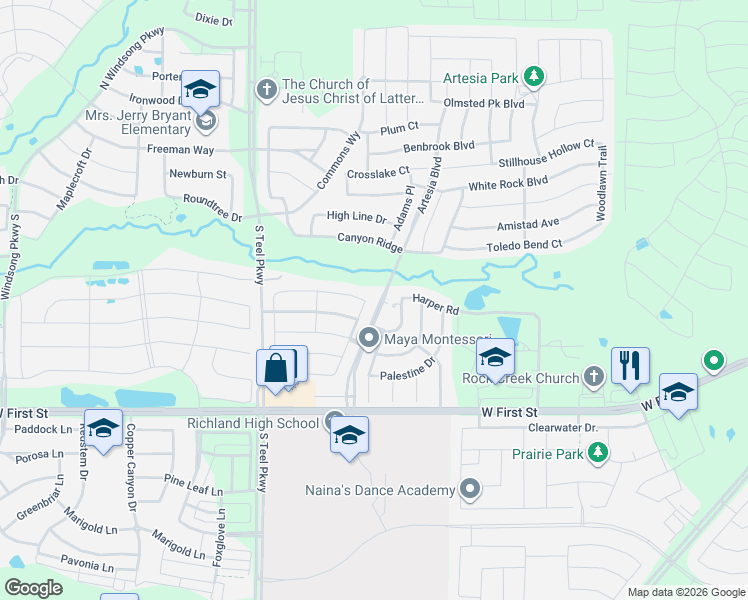 map of restaurants, bars, coffee shops, grocery stores, and more near 16101 Harper Road in Prosper
