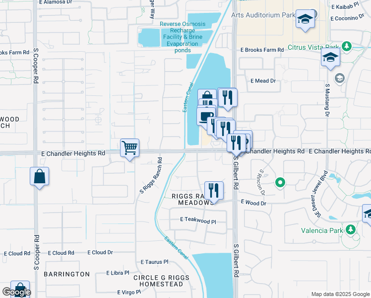 map of restaurants, bars, coffee shops, grocery stores, and more near Eastern Canal Road in Chandler