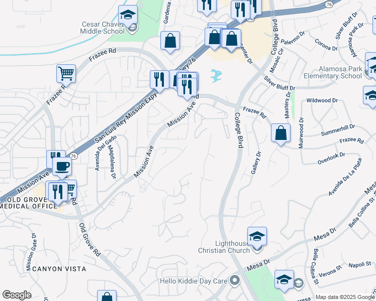 map of restaurants, bars, coffee shops, grocery stores, and more near 314 La Soledad Way in Oceanside