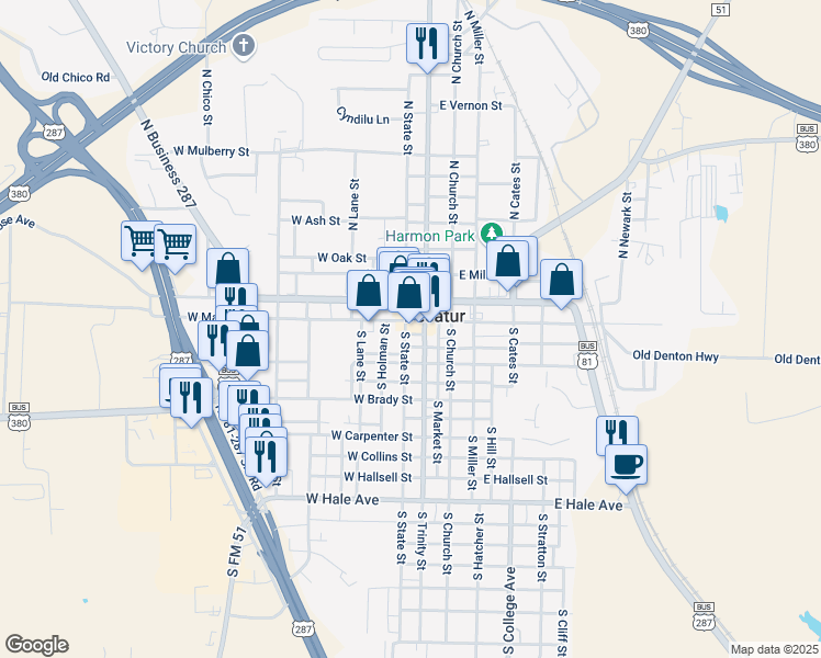 map of restaurants, bars, coffee shops, grocery stores, and more near 115 West Main Street in Decatur