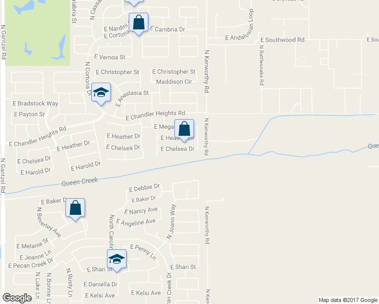 map of restaurants, bars, coffee shops, grocery stores, and more near 1695 East Chelsea Drive in Queen Creek