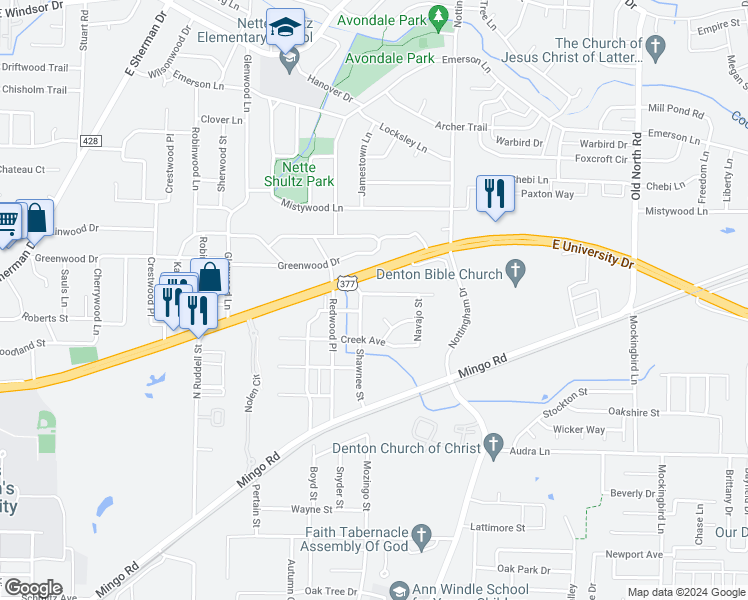 map of restaurants, bars, coffee shops, grocery stores, and more near 1808 Mohican Avenue in Denton