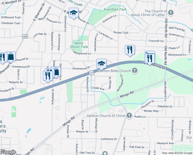 map of restaurants, bars, coffee shops, grocery stores, and more near 1808 Mohican Avenue in Denton