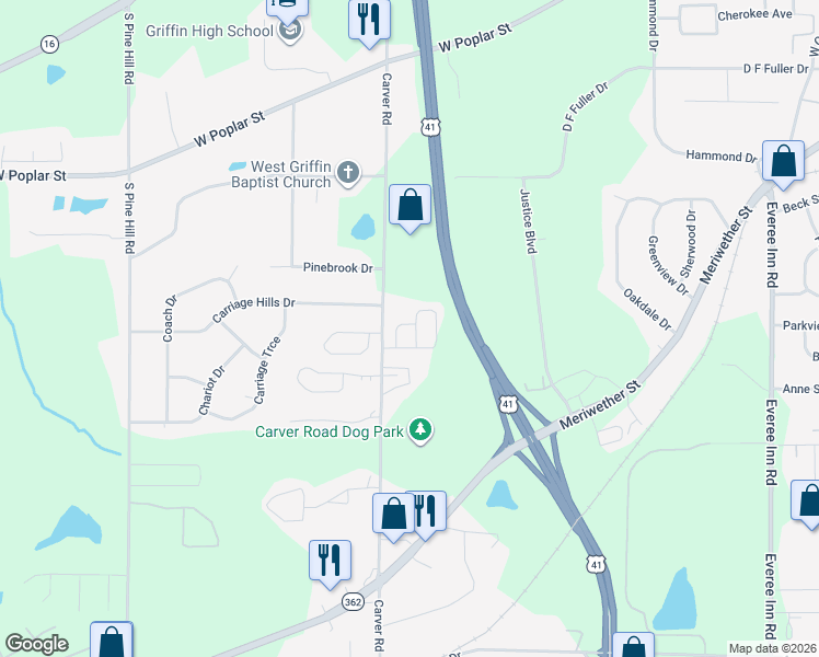 map of restaurants, bars, coffee shops, grocery stores, and more near 1513 Louise Anderson Drive in Griffin