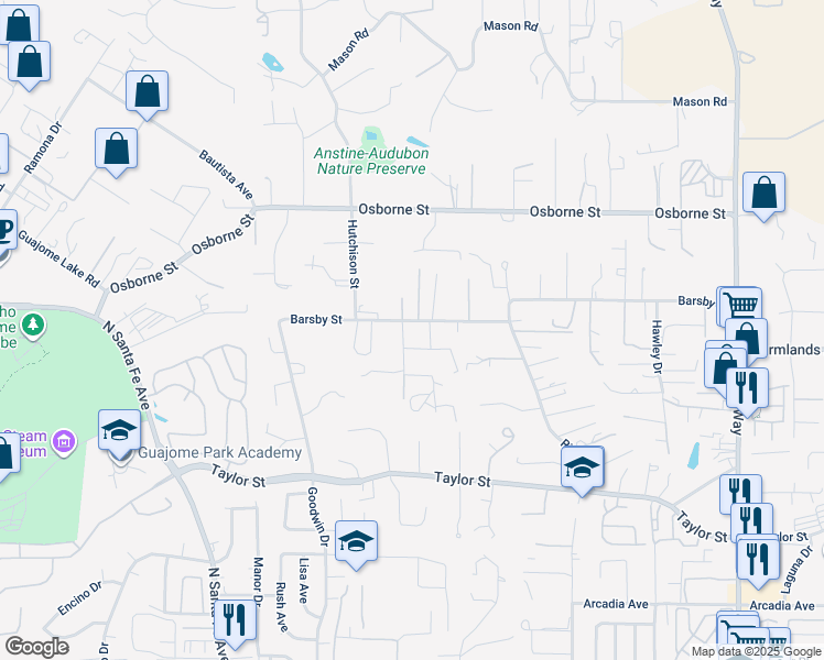 map of restaurants, bars, coffee shops, grocery stores, and more near 535-45 Barsby Street in Vista