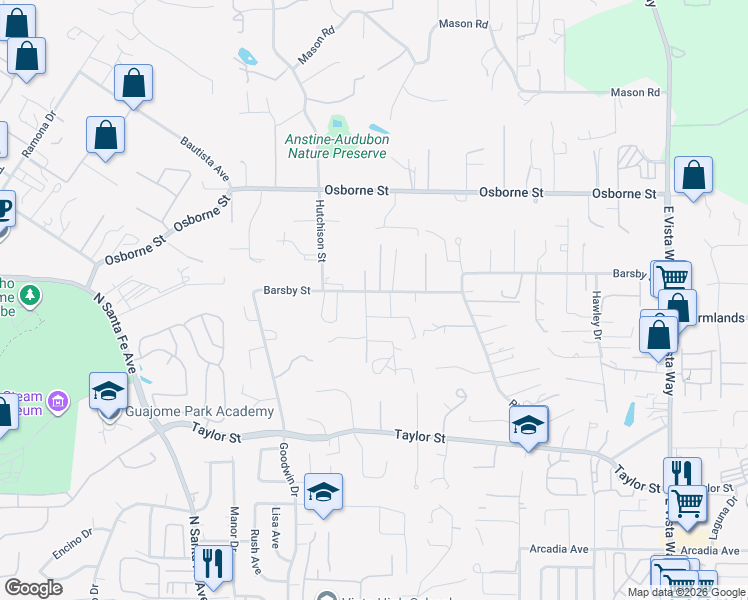 map of restaurants, bars, coffee shops, grocery stores, and more near 535-45 Barsby Street in Vista