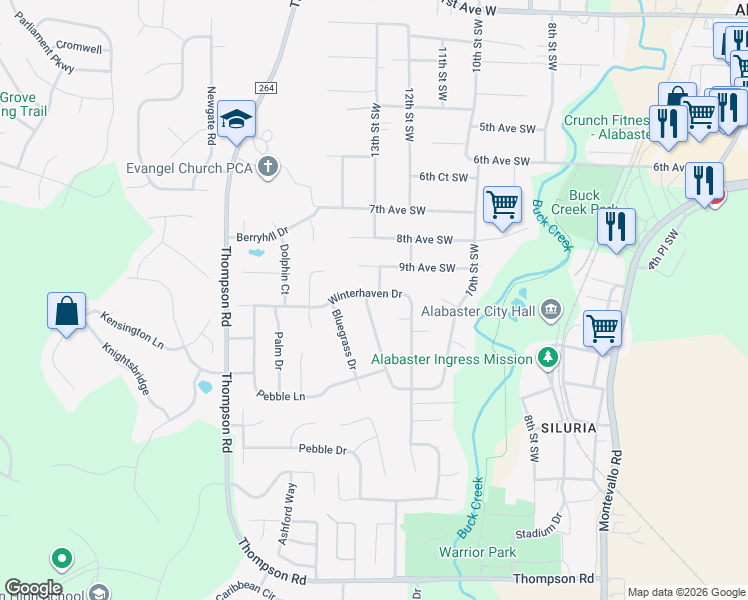 map of restaurants, bars, coffee shops, grocery stores, and more near 159 Winterhaven Drive in Alabaster