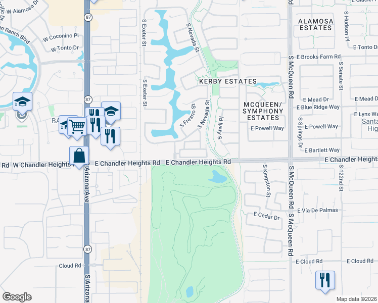 map of restaurants, bars, coffee shops, grocery stores, and more near 519 East Rainbow Drive in Chandler