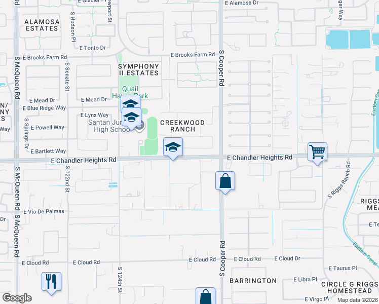 map of restaurants, bars, coffee shops, grocery stores, and more near 1775 East Bartlett Place in Chandler