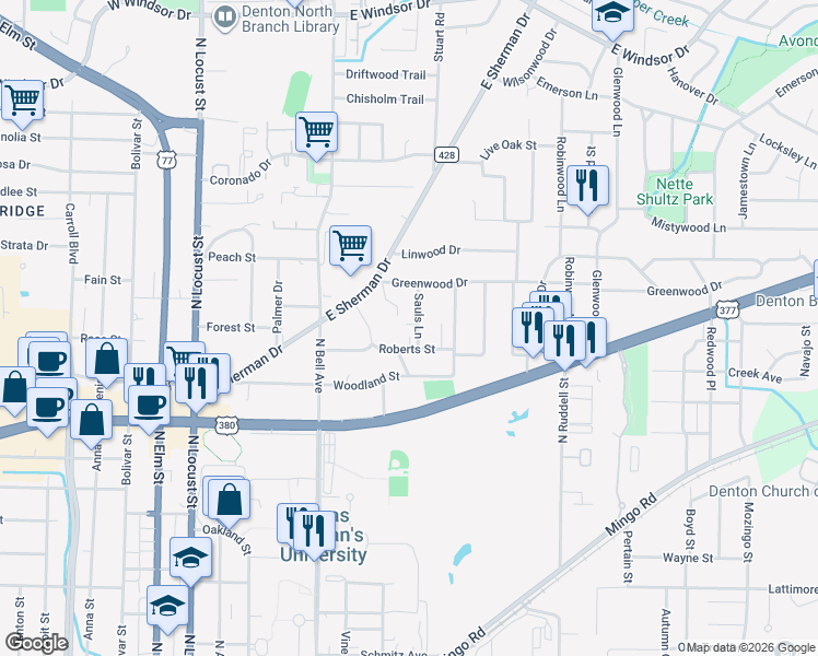 map of restaurants, bars, coffee shops, grocery stores, and more near 2017 Sauls Lane in Denton