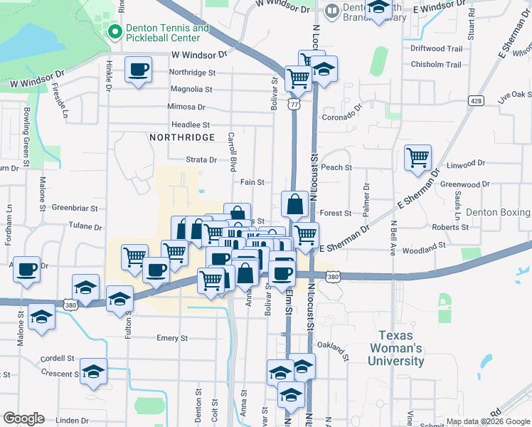 map of restaurants, bars, coffee shops, grocery stores, and more near 2212 Denison Street in Denton