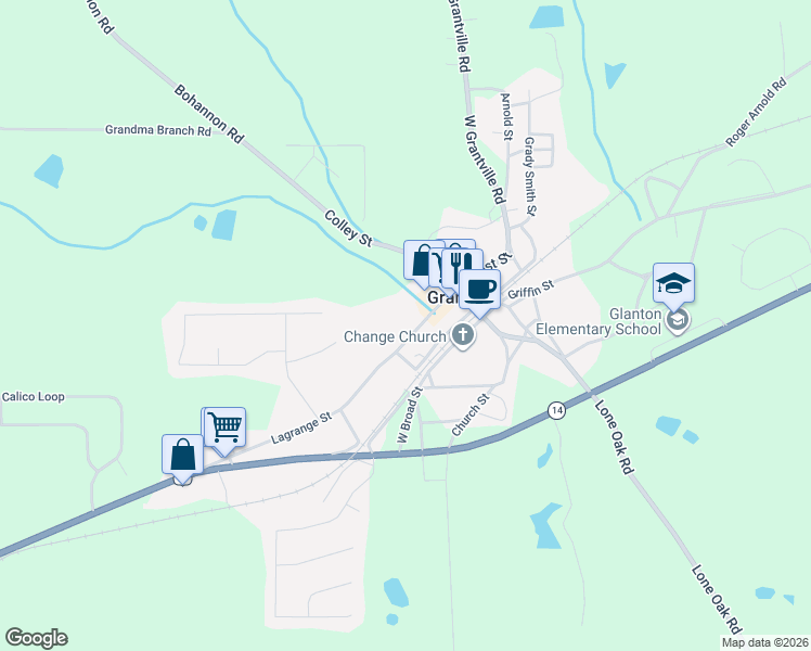 map of restaurants, bars, coffee shops, grocery stores, and more near 73 Lagrange Street in Grantville