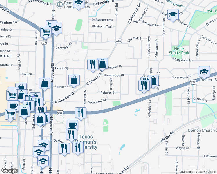 map of restaurants, bars, coffee shops, grocery stores, and more near 2017 Sauls Lane in Denton