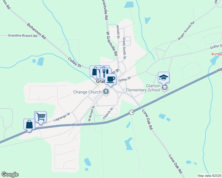 map of restaurants, bars, coffee shops, grocery stores, and more near 11 Church Street in Grantville