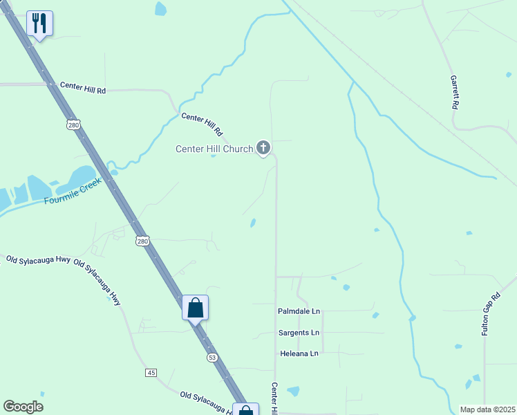 map of restaurants, bars, coffee shops, grocery stores, and more near 175 Cora Lane in Sylacauga
