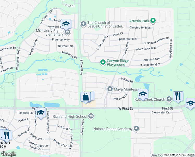 map of restaurants, bars, coffee shops, grocery stores, and more near 16004 Gladewater Terrace in Prosper