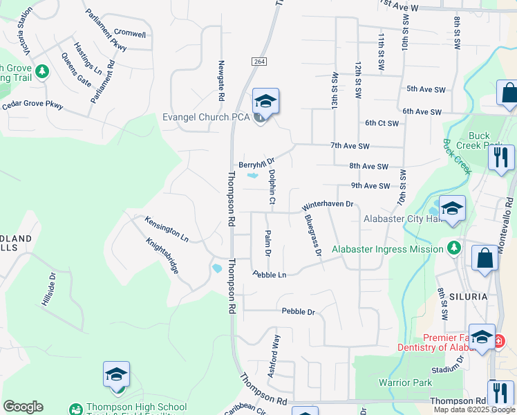 map of restaurants, bars, coffee shops, grocery stores, and more near 192 Winterhaven Drive in Alabaster