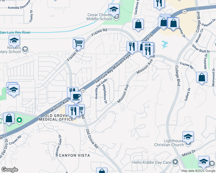 map of restaurants, bars, coffee shops, grocery stores, and more near 169 Francesca Drive in Oceanside