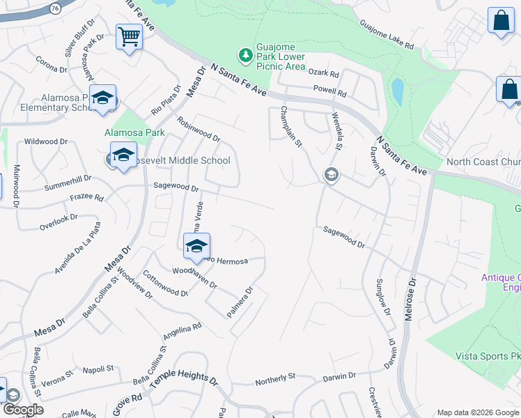 map of restaurants, bars, coffee shops, grocery stores, and more near 1281 Sagewood Drive in Oceanside