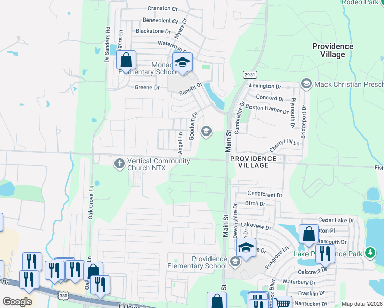 map of restaurants, bars, coffee shops, grocery stores, and more near 9316 Westminster Drive in Denton County
