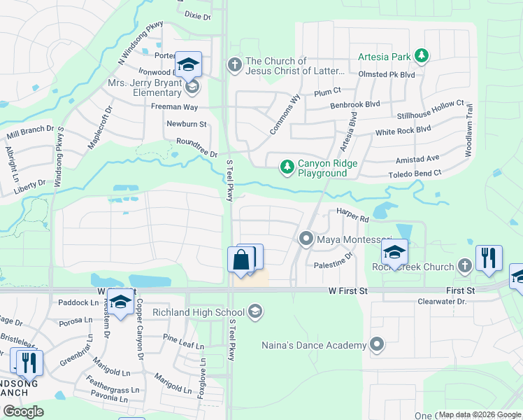map of restaurants, bars, coffee shops, grocery stores, and more near 16004 Gladewater Terrace in Prosper