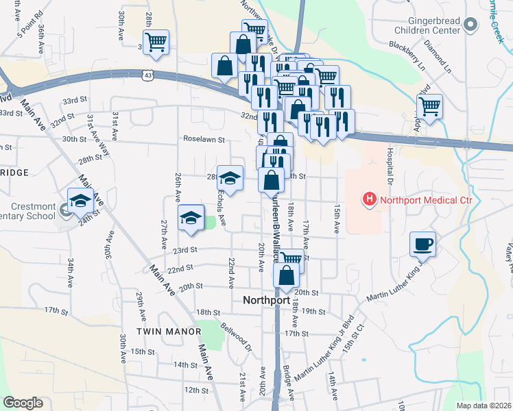map of restaurants, bars, coffee shops, grocery stores, and more near 2517-2599 20th Ave in Northport