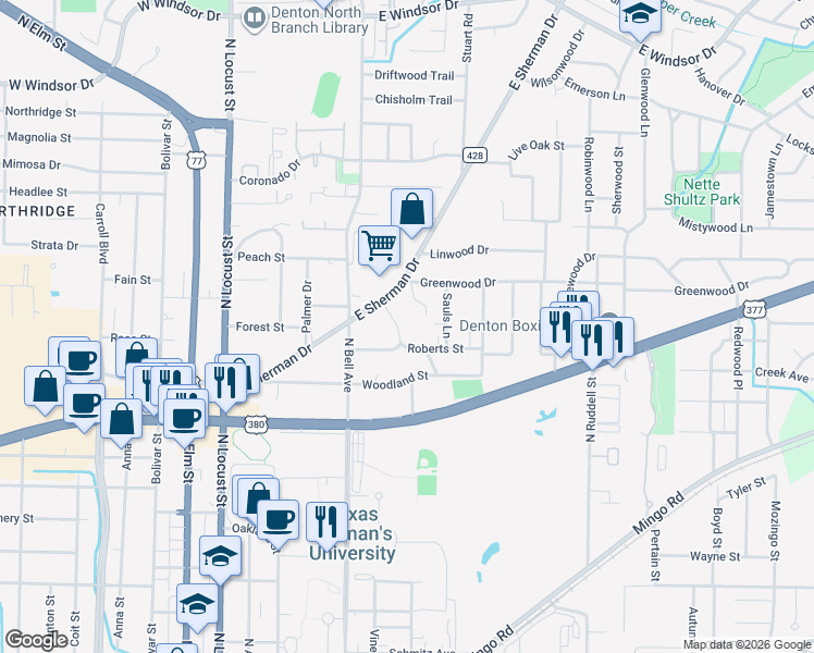 map of restaurants, bars, coffee shops, grocery stores, and more near 2008 Brown Drive in Denton