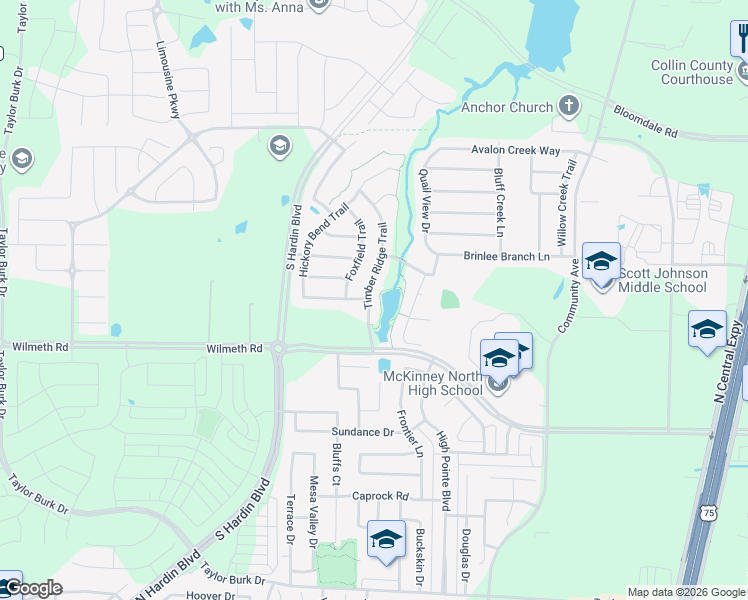 map of restaurants, bars, coffee shops, grocery stores, and more near 3116 Timber Ridge Trail in McKinney