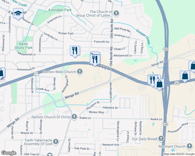 map of restaurants, bars, coffee shops, grocery stores, and more near 1608 Village East Drive in Denton
