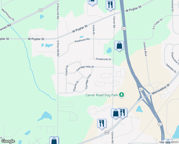 map of restaurants, bars, coffee shops, grocery stores, and more near 107 Carriage Trce in Griffin