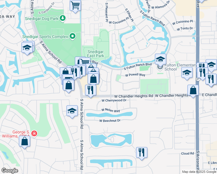 map of restaurants, bars, coffee shops, grocery stores, and more near Unnamed Road in Chandler